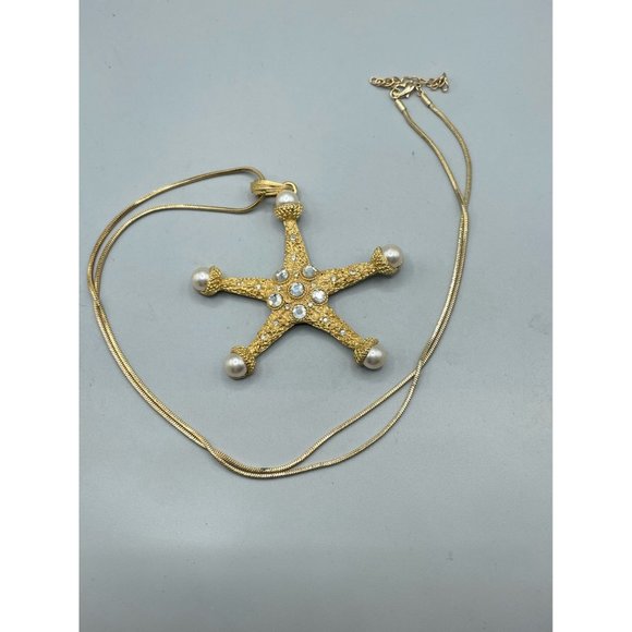 Vintage Signed CRAFT Seastar Necklace Starfish Gold Tone w Pearls & Rhinestones - Picture 14 of 15